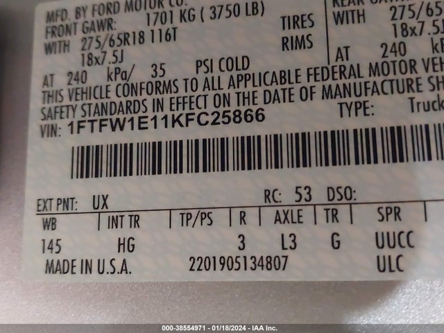 Ford F-150 Lariat 2019 1FTFW1E11KFC25866 Image 9