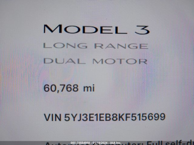 5YJ3E1EB8KF515699 Tesla Model 3 Long Range/performance