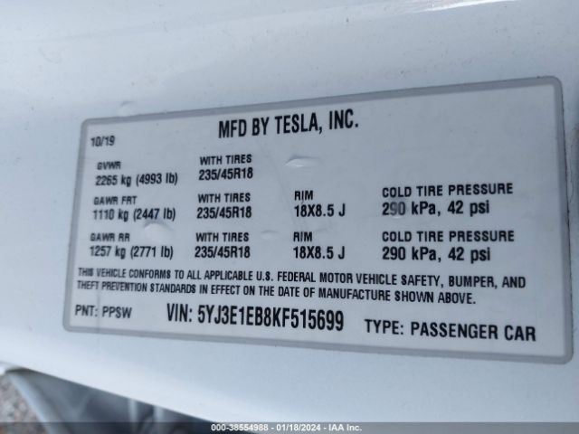 5YJ3E1EB8KF515699 Tesla Model 3 Long Range/performance
