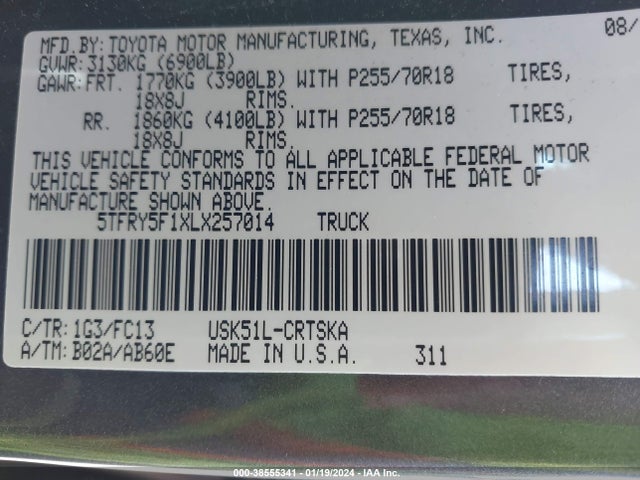 Toyota Tundra Sr5 2020 5TFRY5F1XLX257014 Image 9