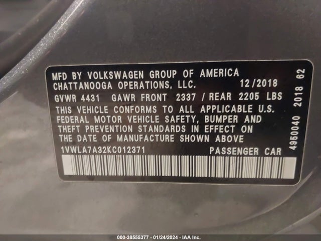 1VWLA7A32KC012371 Volkswagen Passat 2.0t Wolfsburg Edition