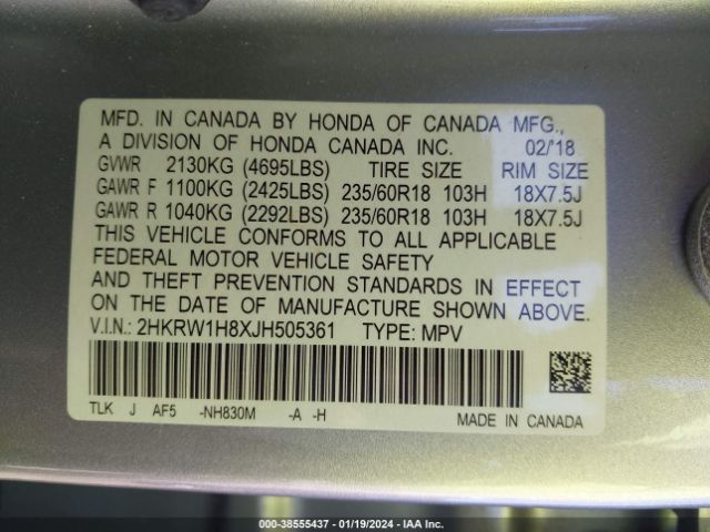 2HKRW1H8XJH505361 Honda Cr-v Ex-l/ex-l Navi