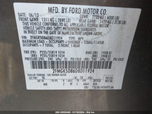 2013 FORD FLEX LIMITED VIN: 2FMGK5D86DBD11924