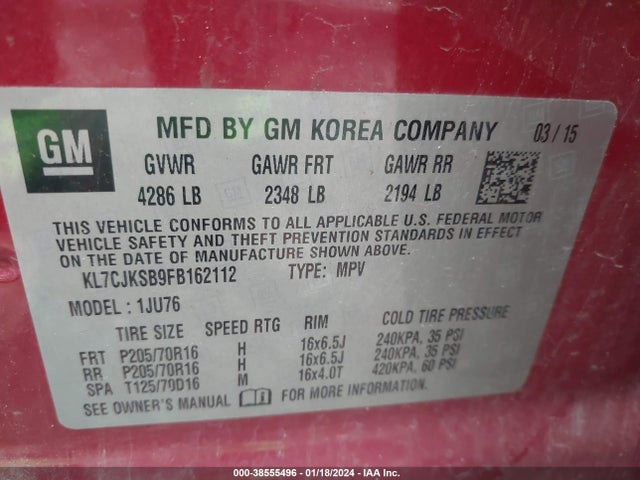 Chevrolet Trax 1ls 2015 KL7CJKSB9FB162112 Image 9