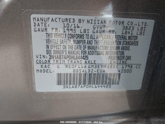 2017 NISSAN SENTRA SV VIN: 3N1AB7AP0HL644425