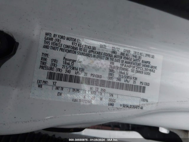 2012 FORD FOCUS SE VIN: 1FAHP3F27CL351652