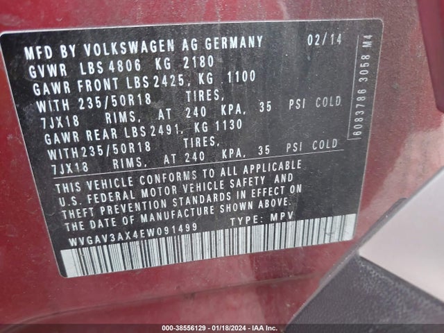 2014 VOLKSWAGEN TIGUAN SE VIN: WVGAV3AX4EW091499