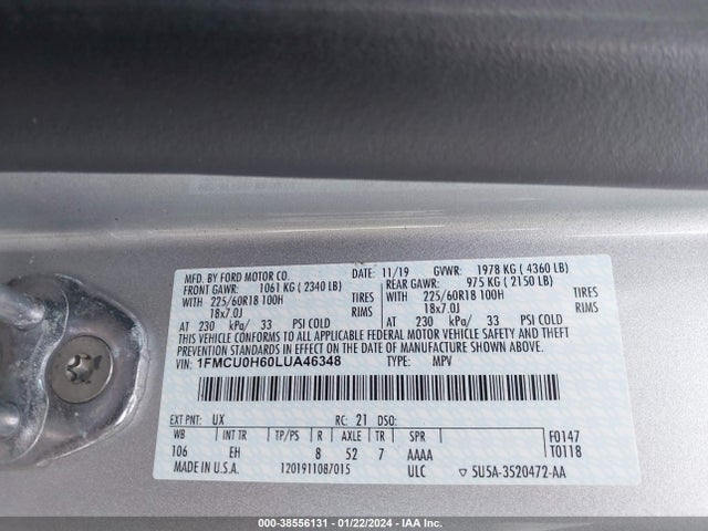 Ford ESCAPE SEL 2020 1FMCU0H60LUA46348 Image 9