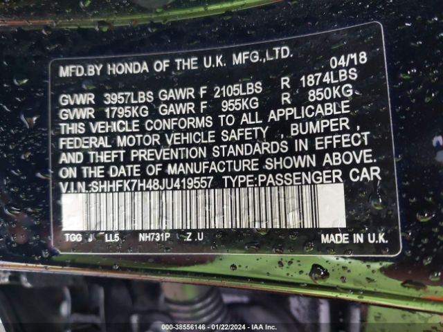 SHHFK7H48JU419557 Honda Civic Sport