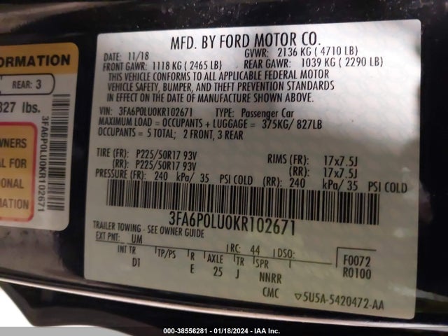2019 FORD FUSION HYBRID SE VIN: 3FA6P0LU0KR102671