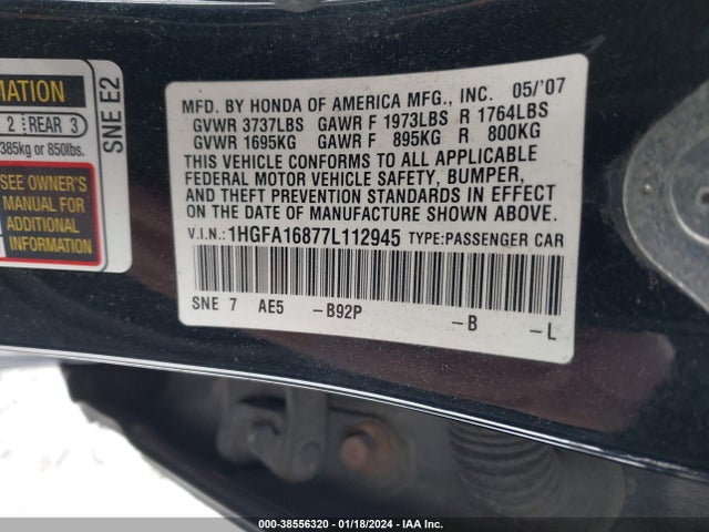 2007 HONDA CIVIC EX VIN: 1HGFA16877L112945