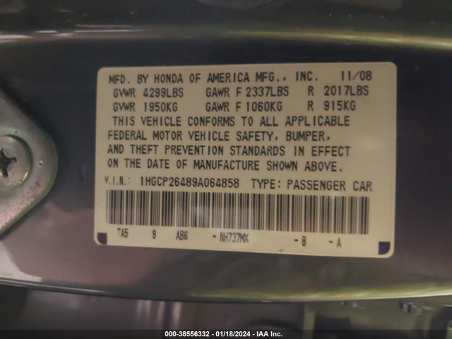 2009 HONDA ACCORD 2.4 LX-P VIN: 1HGCP26489A064858