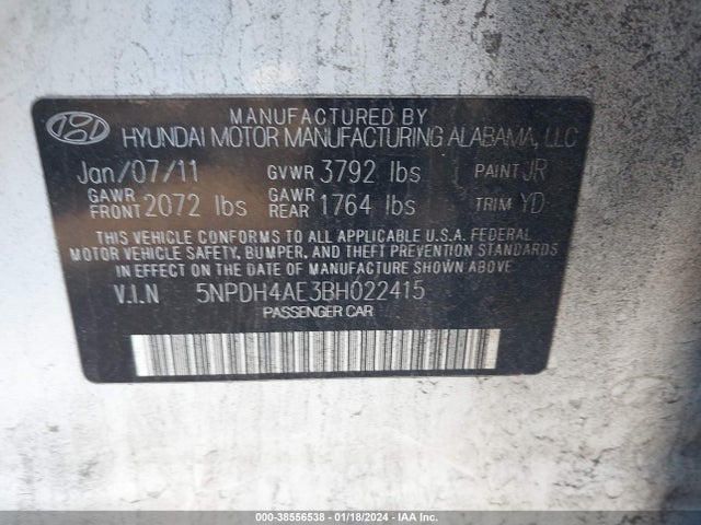 2011 HYUNDAI ELANTRA GLS VIN: 5NPDH4AE3BH022415