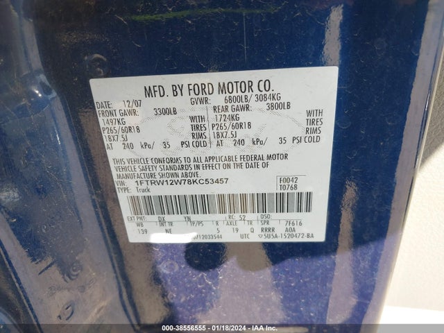 2008 FORD F-150 XL/XLT VIN: 1FTRW12W78KC53457