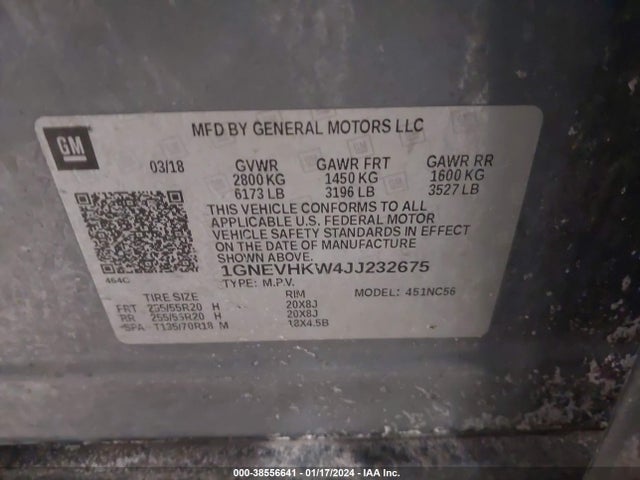Chevrolet Traverse 3lt 2018 1GNEVHKW4JJ232675 Image 9