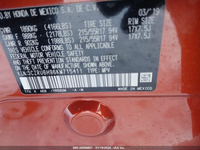 3CZRU6H96KM715411 Honda Hr-v Touring
