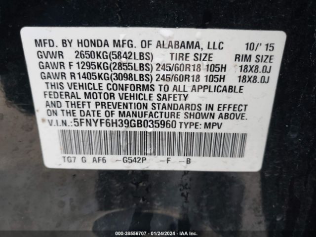 5FNYF6H39GB035960 Honda Pilot Ex