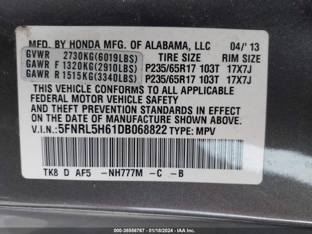 2013 HONDA ODYSSEY EX-L VIN: 5FNRL5H61DB068822