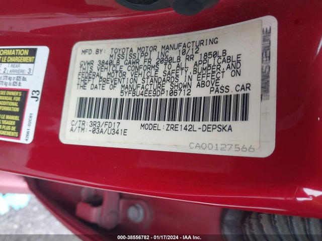 2013 TOYOTA COROLLA S VIN: 5YFBU4EE9DP106712