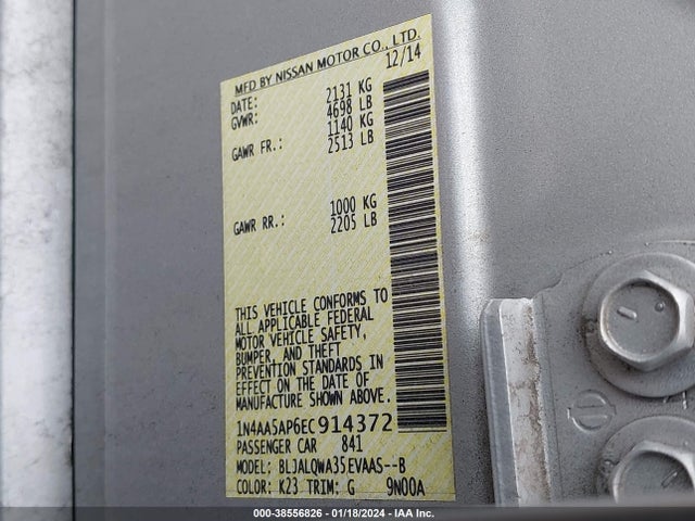 2014 NISSAN MAXIMA 3.5 S VIN: 1N4AA5AP6EC914372