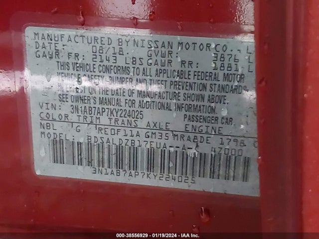 Nissan SENTRA SV 2019 3N1AB7AP7KY224025 Image 9