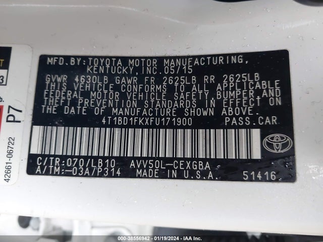 2015 TOYOTA CAMRY HYBRID XLE VIN: 4T1BD1FKXFU171900