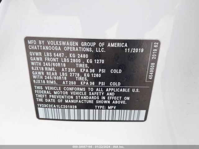 1V23C2CA1LC201928 Volkswagen Atlas Cross Sport 2.0t Se