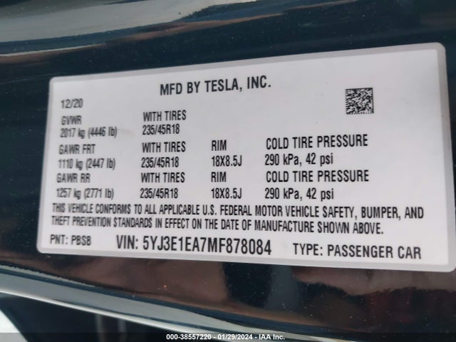 Tesla Model 3 Standard Range Plus Rear-wheel Drive 2021 5YJ3E1EA7MF878084 Image 9