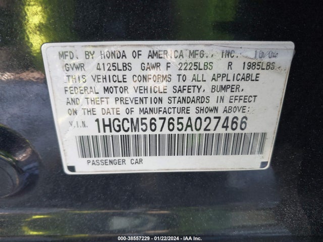 2005 HONDA ACCORD 2.4 EX VIN: 1HGCM56765A027466