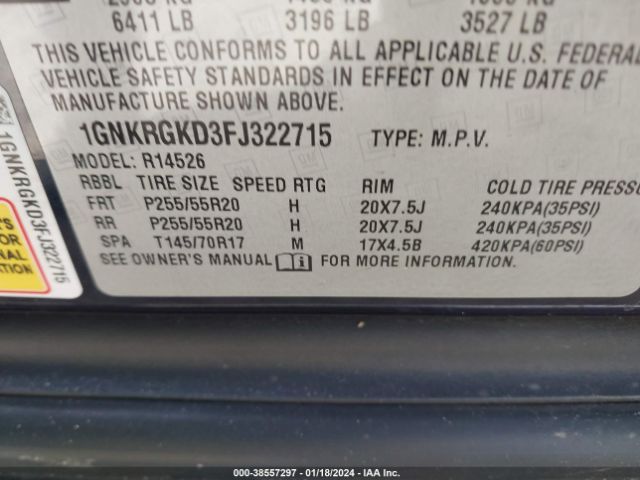 1GNKRGKD3FJ322715 Chevrolet Traverse 1lt
