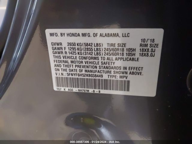 5FNYF6H52KB038449 Honda Pilot Ex-l