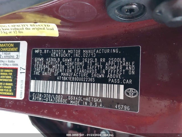 2013 TOYOTA AVALON XLE VIN: 4T1BK1EB9DU022365