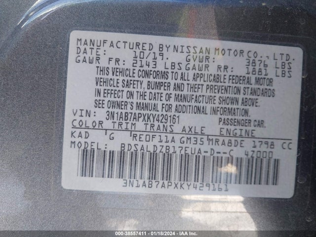 Nissan SENTRA SV 2019 3N1AB7APXKY429161 Image 9