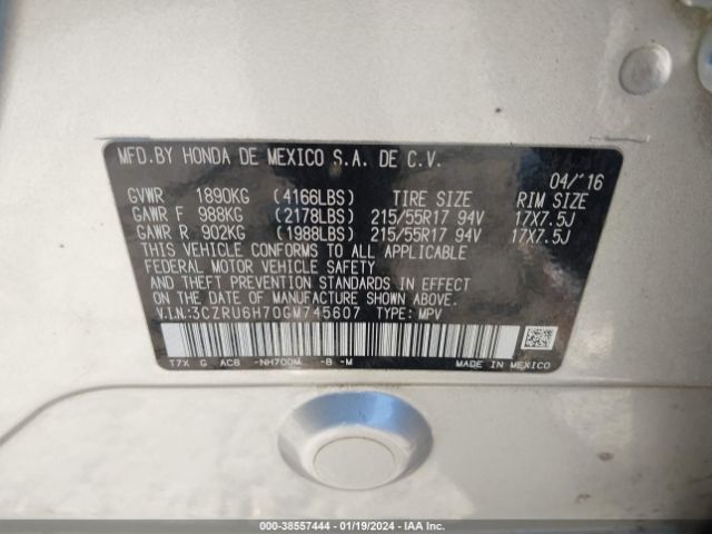 3CZRU6H70GM745607 Honda Hr-v Ex-l