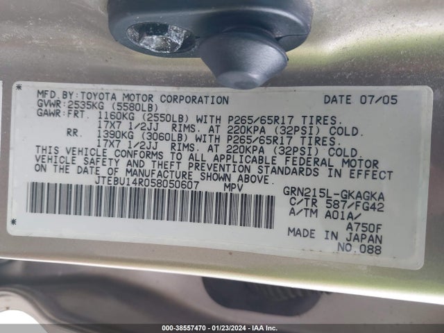 2005 TOYOTA 4RUNNER SR5 V6 VIN: JTEBU14R058050607