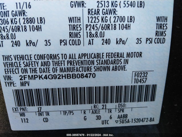 Ford EDGE SE 2017 2FMPK4G92HBB08470 Image 9