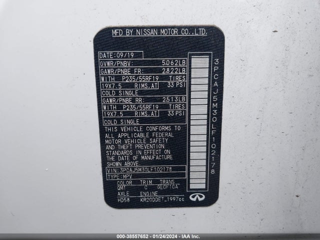 3PCAJ5M30LF102178 Infiniti Qx50 Luxe Awd