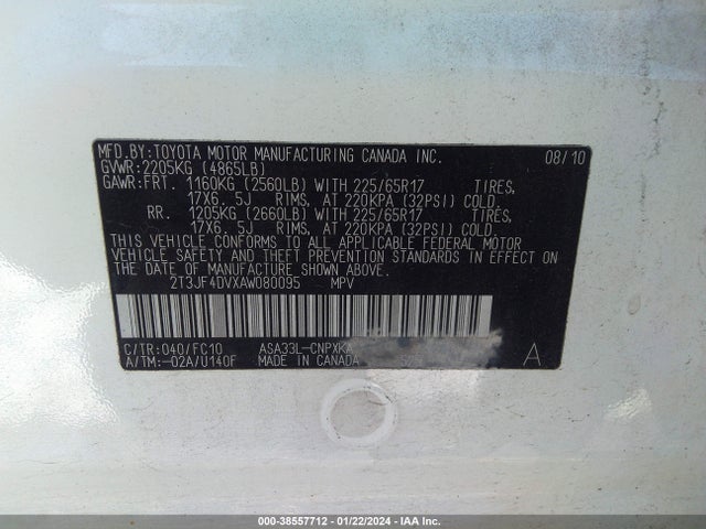 2010 TOYOTA RAV4 VIN: 2T3JF4DVXAW080095