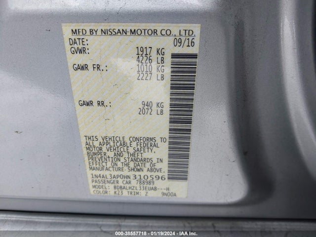 Nissan Altima 2.5 Sr 2017 1N4AL3AP0HN310596 Image 9