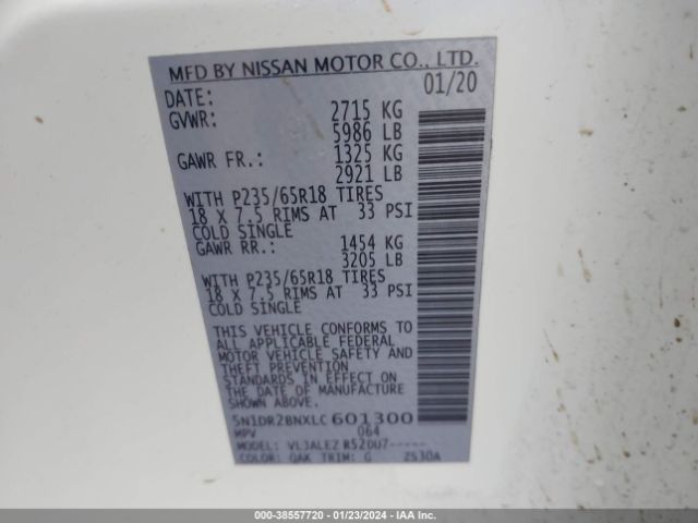5N1DR2BNXLC601300 Nissan Pathfinder Sv 2wd