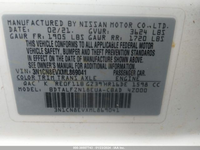 3N1CN8EVXML869041 Nissan Versa Sv Xtronic Cvt