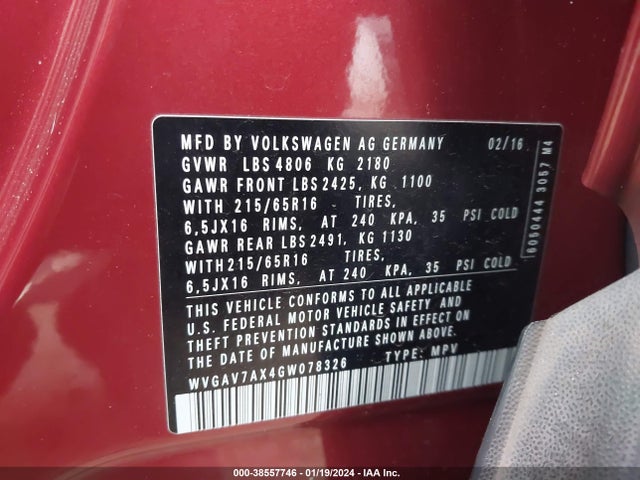 WVGAV7AX4GW078326 Volkswagen TIGUAN S