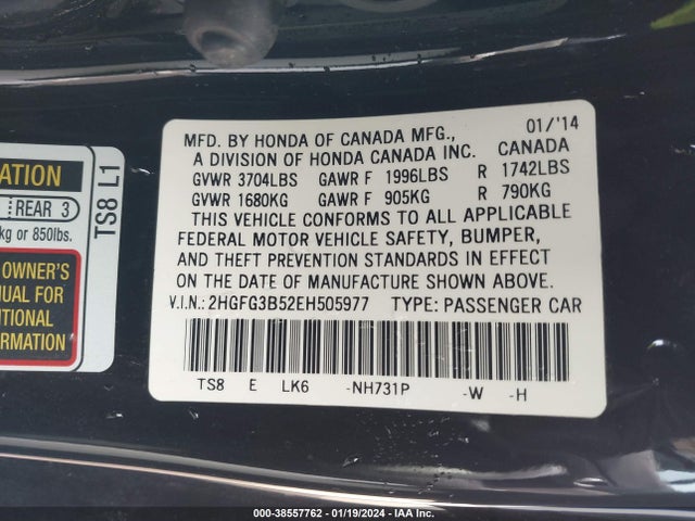 Honda Civic Lx 2014 2HGFG3B52EH505977 Image 9