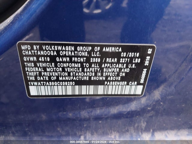 1VWAT7A39GC038250 Volkswagen Passat 1.8t S