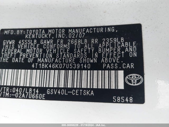 2007 TOYOTA CAMRY SE V6 VIN: 4T1BK46K07U539140