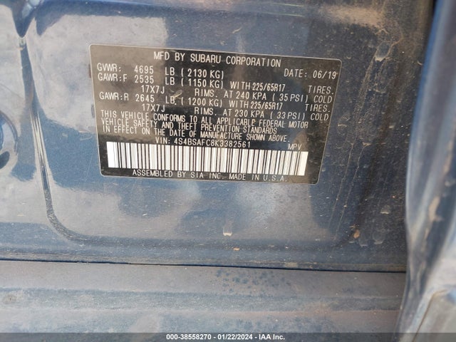 2019 SUBARU OUTBACK 2.5I PREMIUM VIN: 4S4BSAFC8K3382561