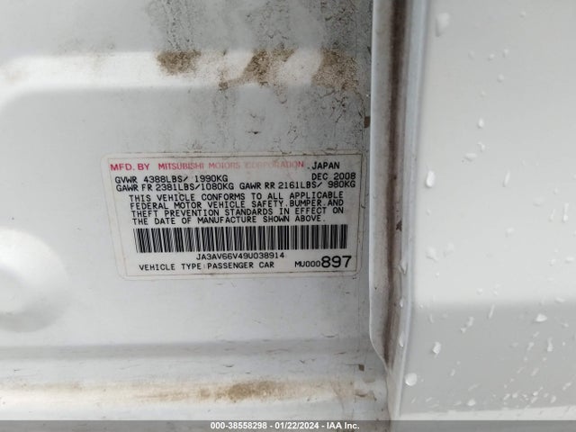 2009 MITSUBISHI LANCER RALLIART VIN: JA3AV66V49U038914