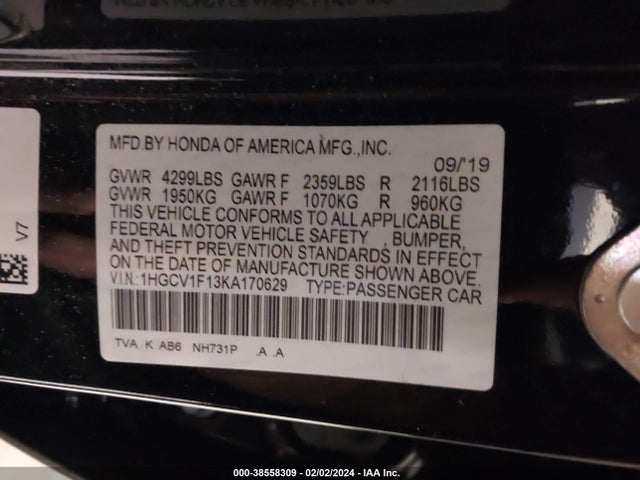 Honda ACCORD LX 2019 1HGCV1F13KA170629 Image 9