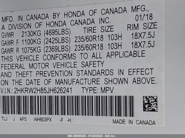 2HKRW2H85JH626241 Honda Cr-v Ex-l/ex-l Navi
