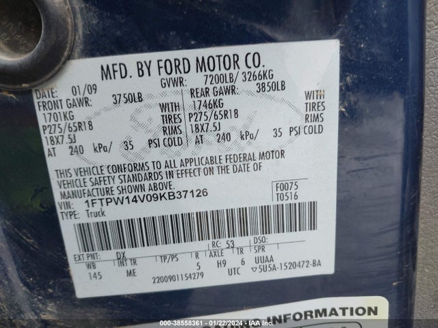 2009 FORD F-150 FX4/LARIAT/XL/XLT VIN: 1FTPW14V09KB37126